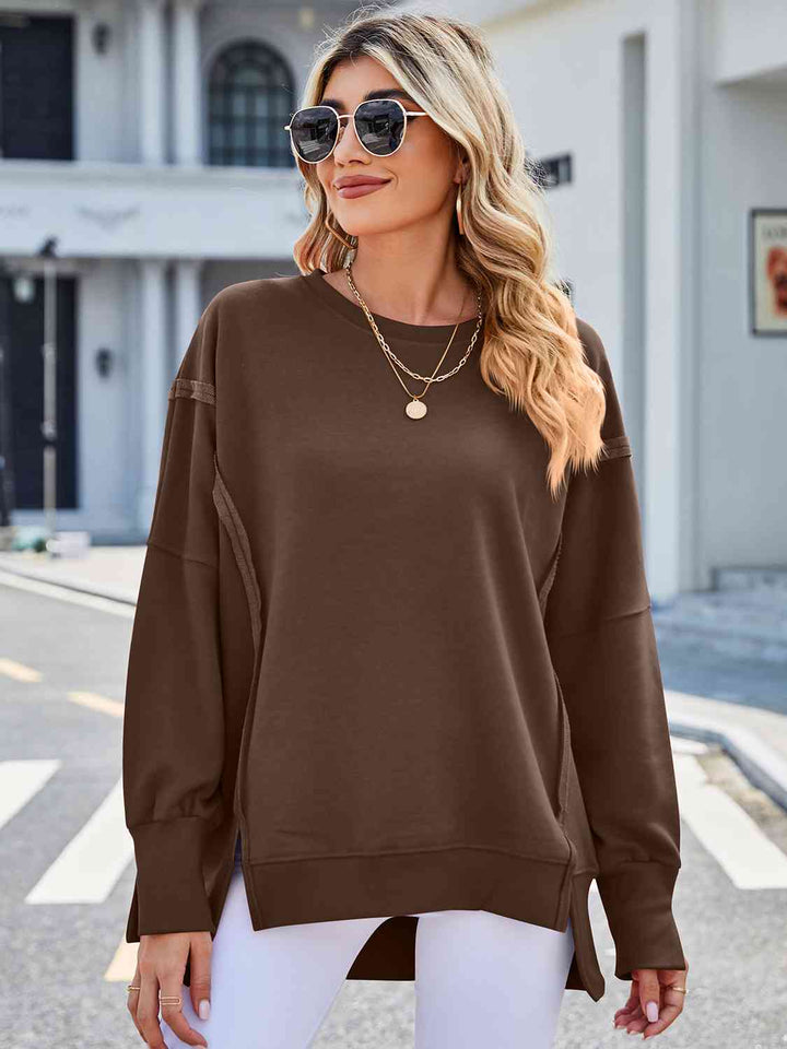 Exposed Seam High-Low Round Neck Sweatshirt |1mrk.com