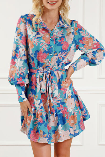 Floral Tie Waist Lantern Sleeve Ruffled Hem Mini Dress |1mrk.com