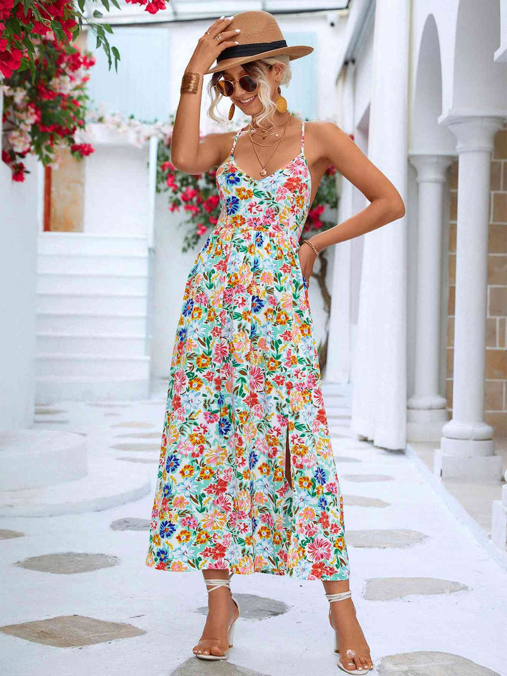 Floral Crisscross Backless Split Dress |1mrk.com