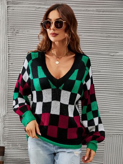 Checkered V-Neck Lantern Sleeve Sweater |1mrk.com