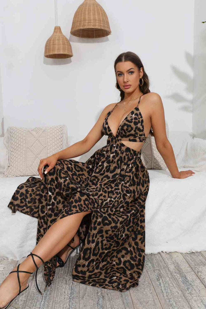 Leopard Deep V Tie Back Split Dress |1mrk.com