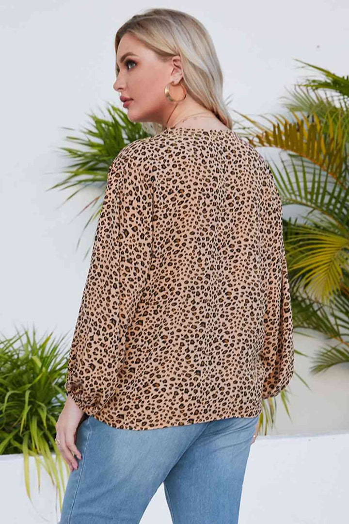 Plus Size Animal Print Balloon Sleeve V-Neck Blouse | 1mrk.com