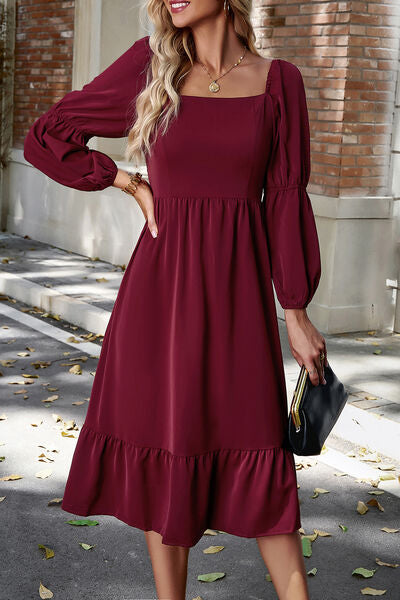 Square Neck Balloon Sleeve Midi Dress |1mrk.com