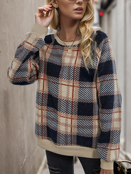 Plaid Round Neck Long Sleeve Sweatshirt |1mrk.com