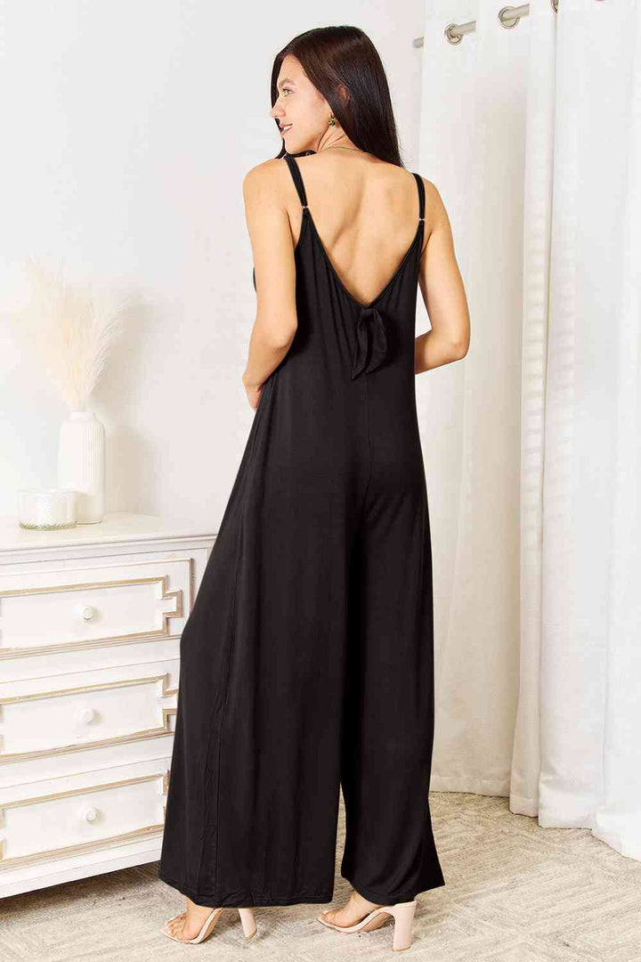 Double Take Full Size Soft Rayon Spaghetti Strap Tied Wide Leg Jumpsuit | 1mrk.com