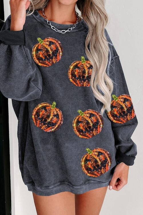 Sequin Patch Pumpkin Round Neck Sweatshirt |1mrk.com