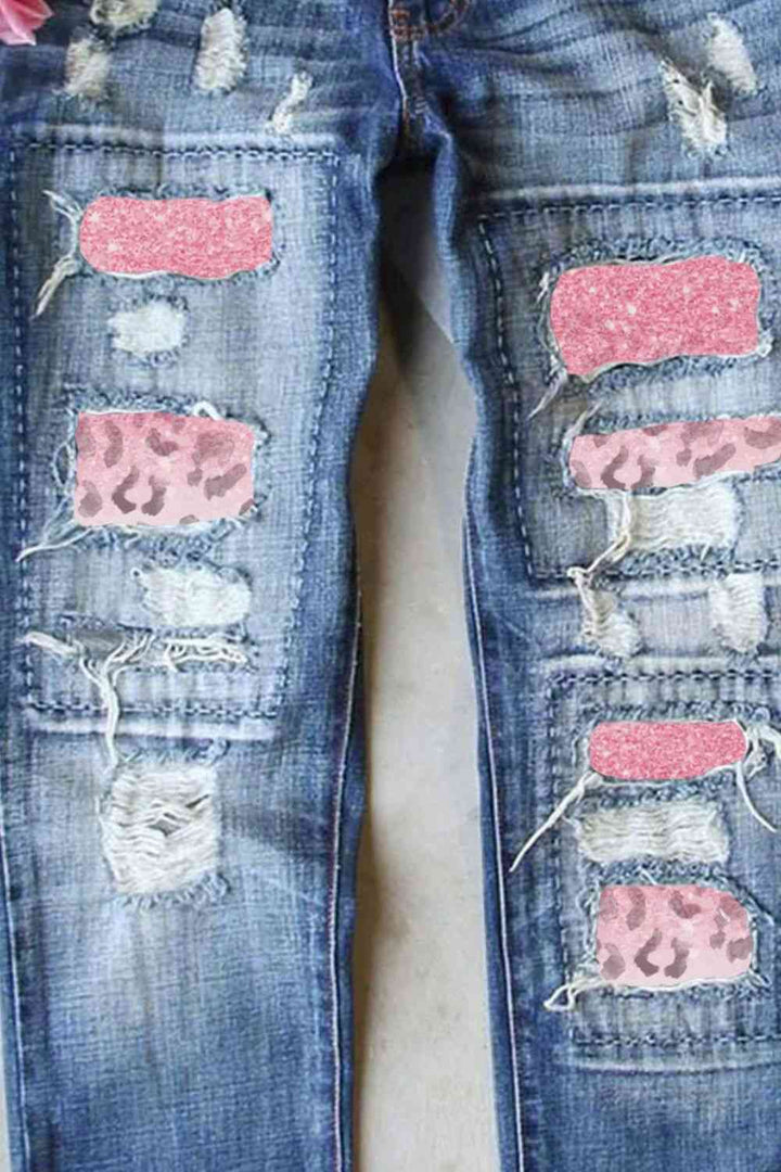 Leopard Patch Distressed Straight Leg Jeans | 1mrk.com