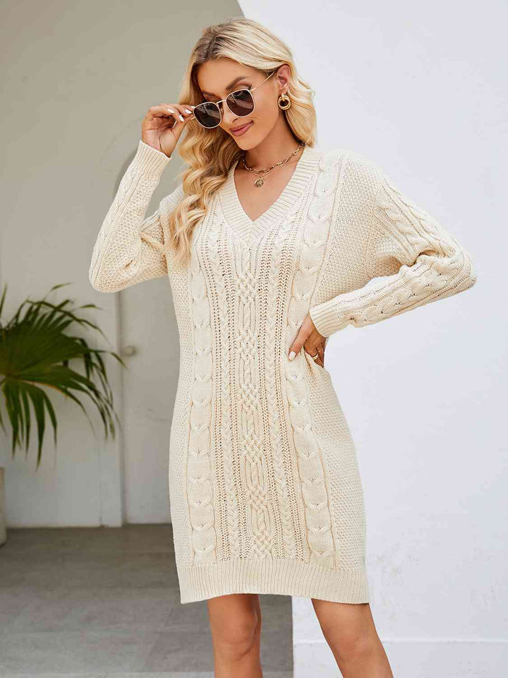 Cable-Knit V-Neck Mini Sweater Dress | 1mrk.com