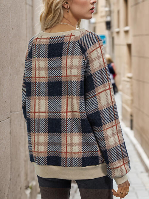 Plaid Round Neck Long Sleeve Sweatshirt |1mrk.com