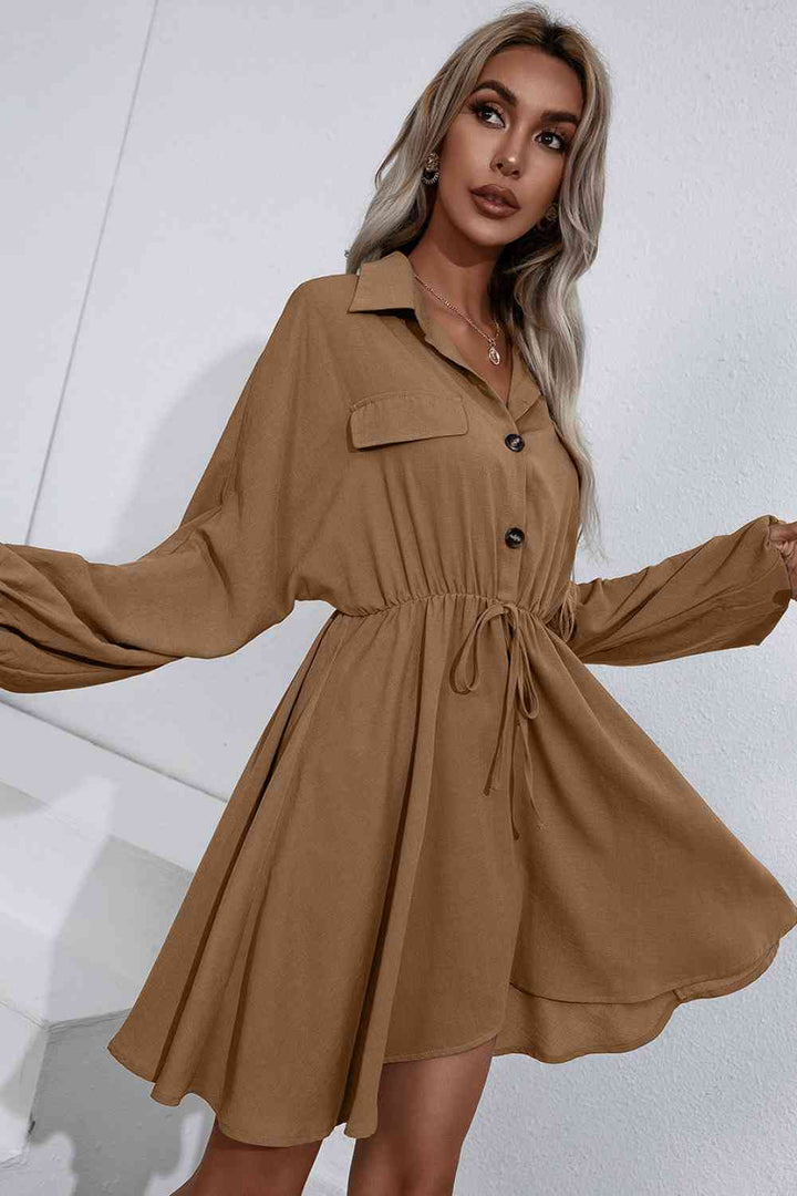 Collared Tie Waist Button Up Shirt Dress |1mrk.com