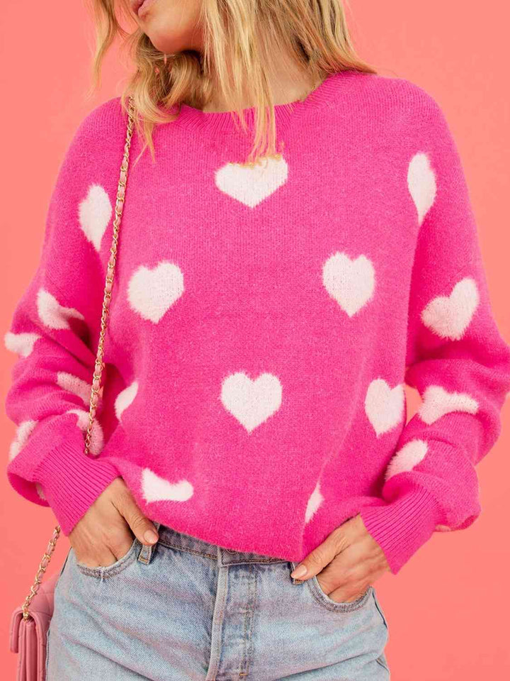 Heart Round Neck Drop Shoulder Sweater |1mrk.com