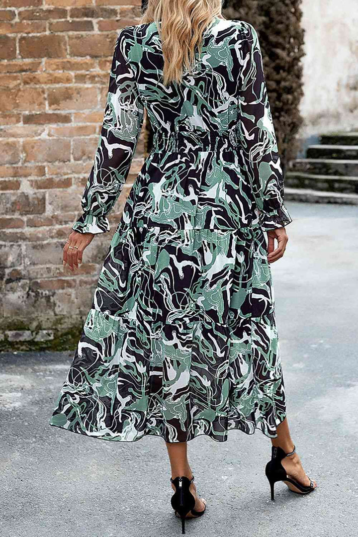 Printed Surplice Neck Flounce Sleeve Midi Dress |1mrk.com