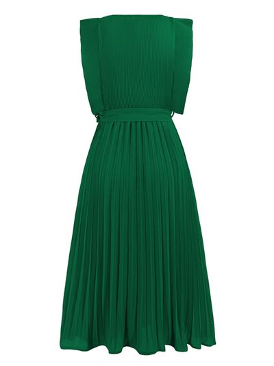 Tied Round Neck Pleated Midi Dress |1mrk.com