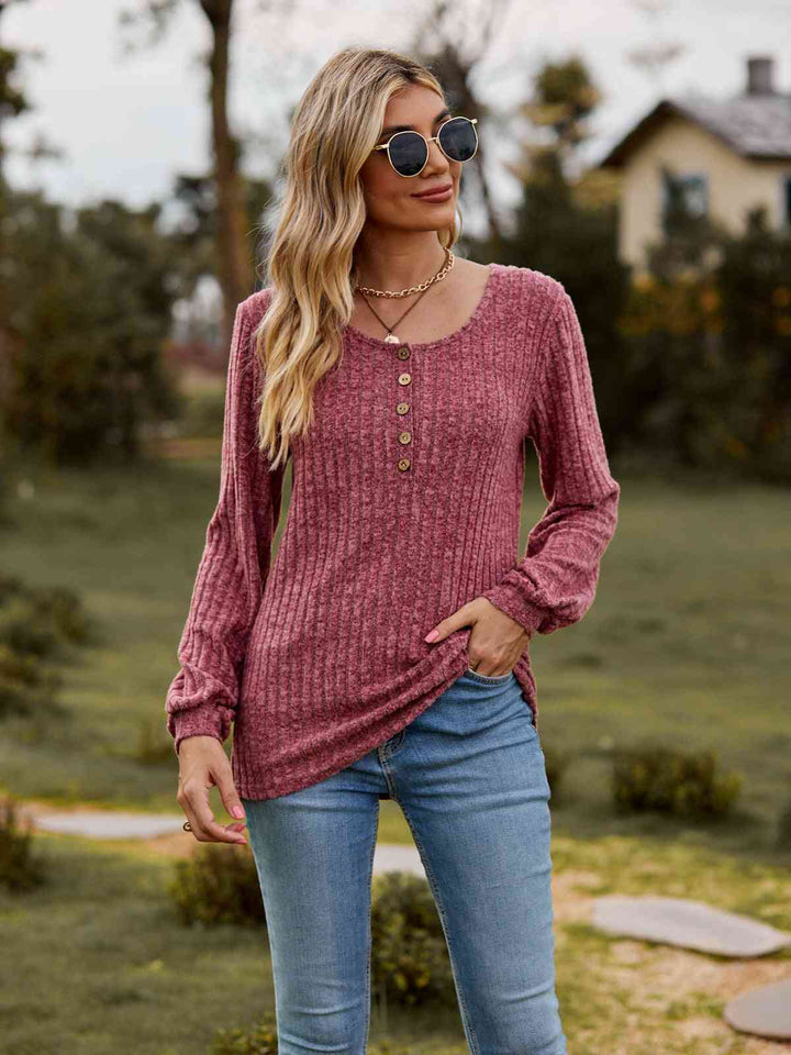 Round Neck Button-Down Long Sleeve Tee | 1mrk.com