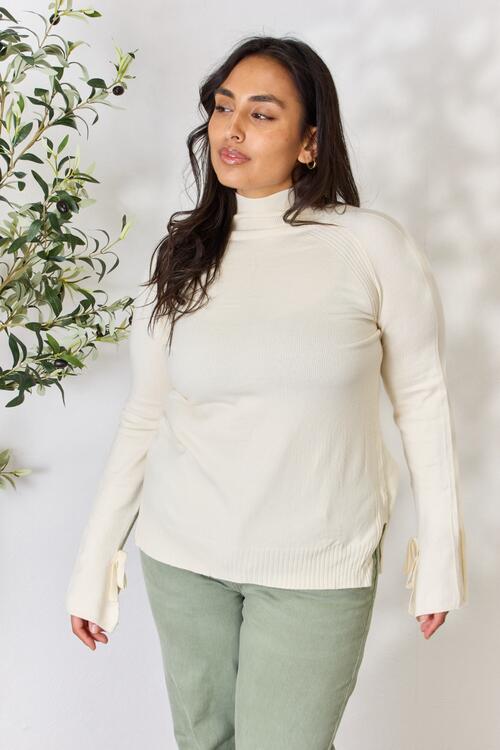 Heimish Full Size Ribbed Bow Detail Long Sleeve Turtleneck Knit Top |1mrk.com