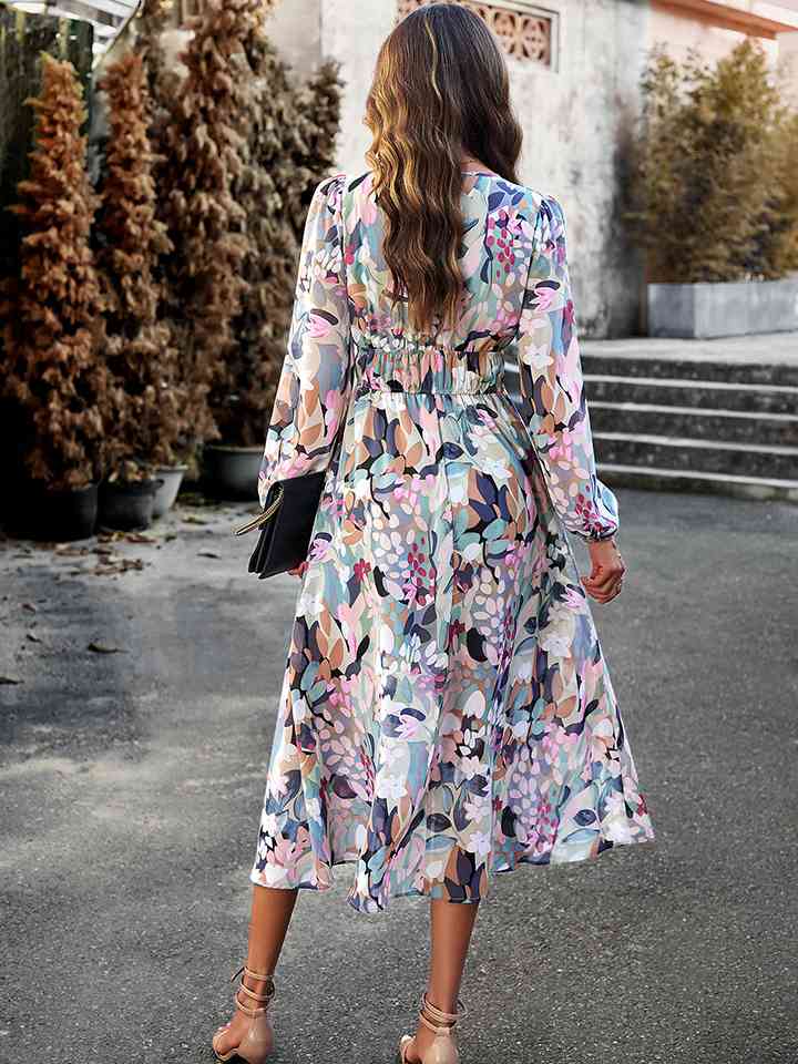 Printed V-Neck Long Sleeve Midi Dress |1mrk.com