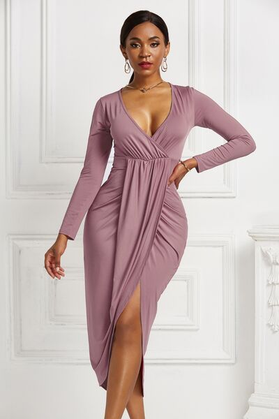 High-low Ruched Surplice Long Sleeve Dress | 1mrk.com