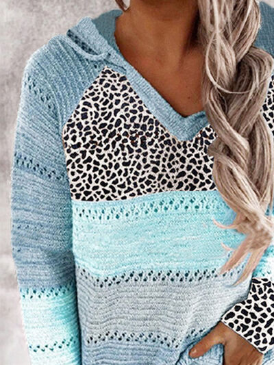 Full Size Openwork Leopard Drawstring Hooded Sweater |1mrk.com