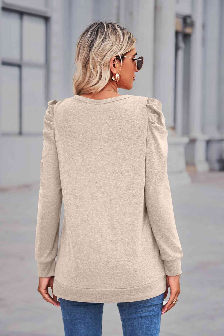 Heathered Puff Sleeve Round Neck Tunic Top | 1mrk.com