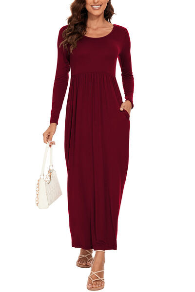 Round Neck Long Sleeve Pocketed Maxi Dress |1mrk.com