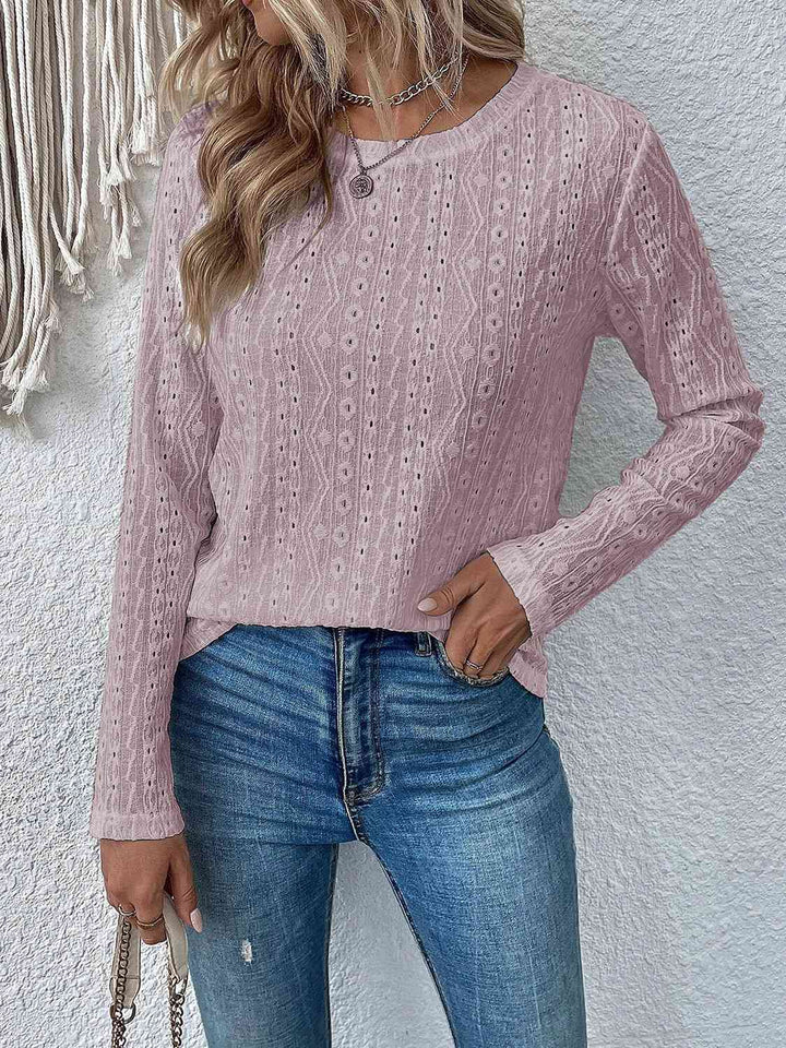 Eyelet Round Neck Long Sleeve Top | 1mrk.com