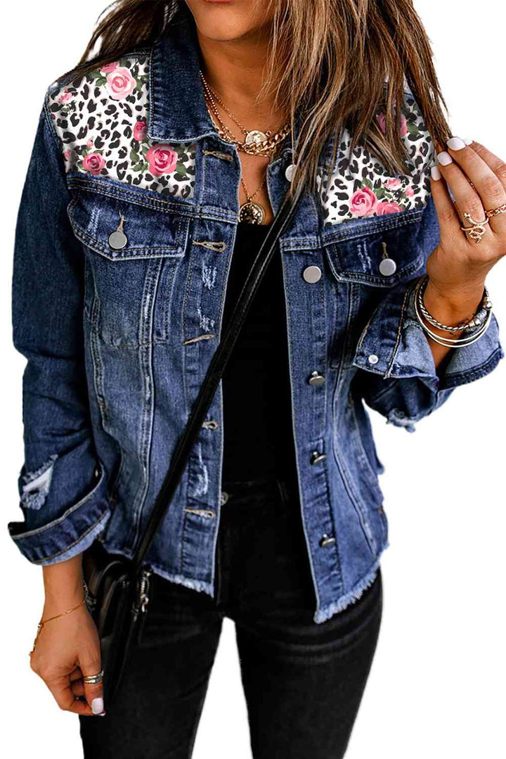 Mixed Print Distressed Button Front Denim Jacket | 1mrk.com