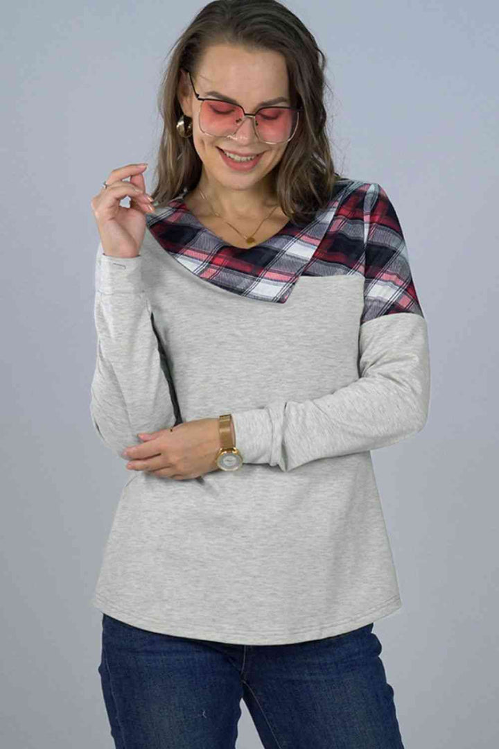 Asymmetrical Plaid Print Long Sleeve Tee | 1mrk.com