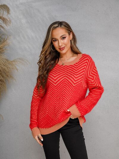 Striped Round Neck Dropped Shoulder Sweater |1mrk.com