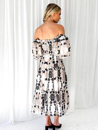 Printed Smocked Off-Shoulder Tiered Dress |1mrk.com