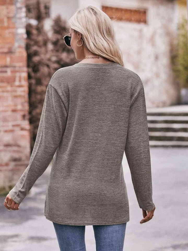 Double Take Buttoned Notched Neck Long Sleeve Top | 1mrk.com