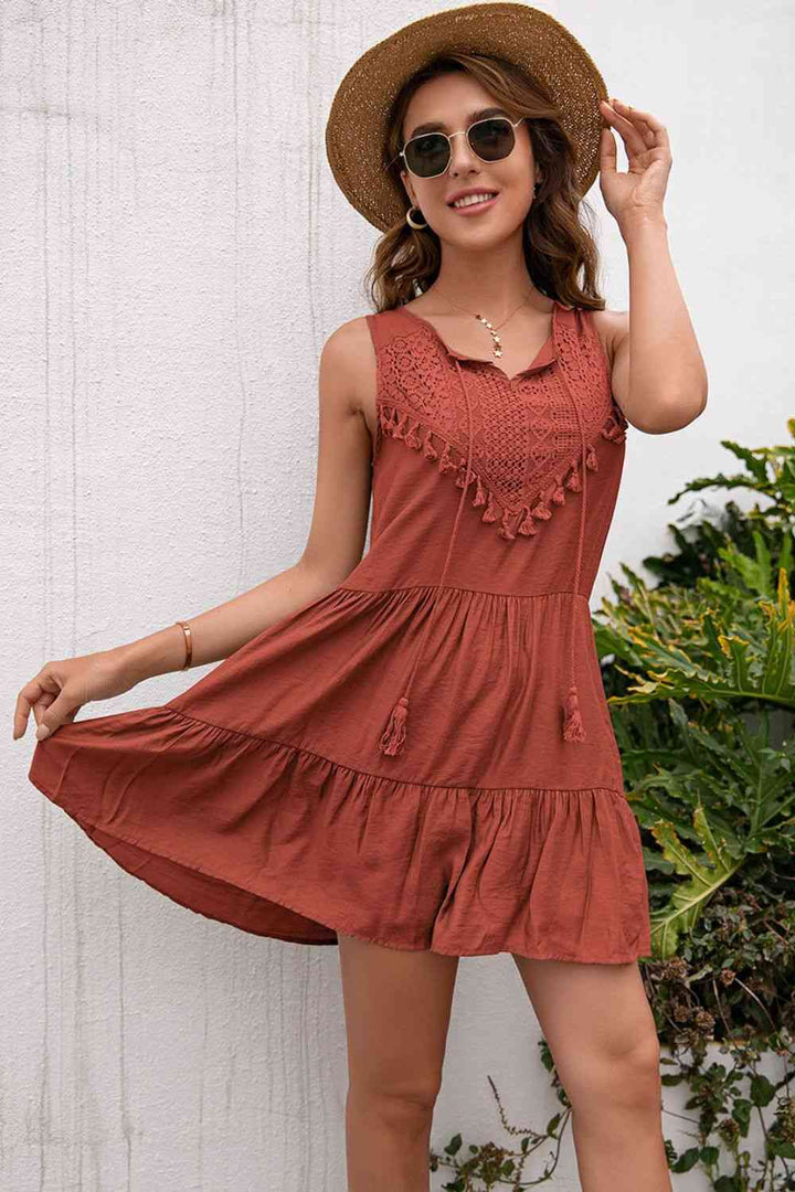 Tassel Tie Lace Trim Sleeveless Dress |1mrk.com