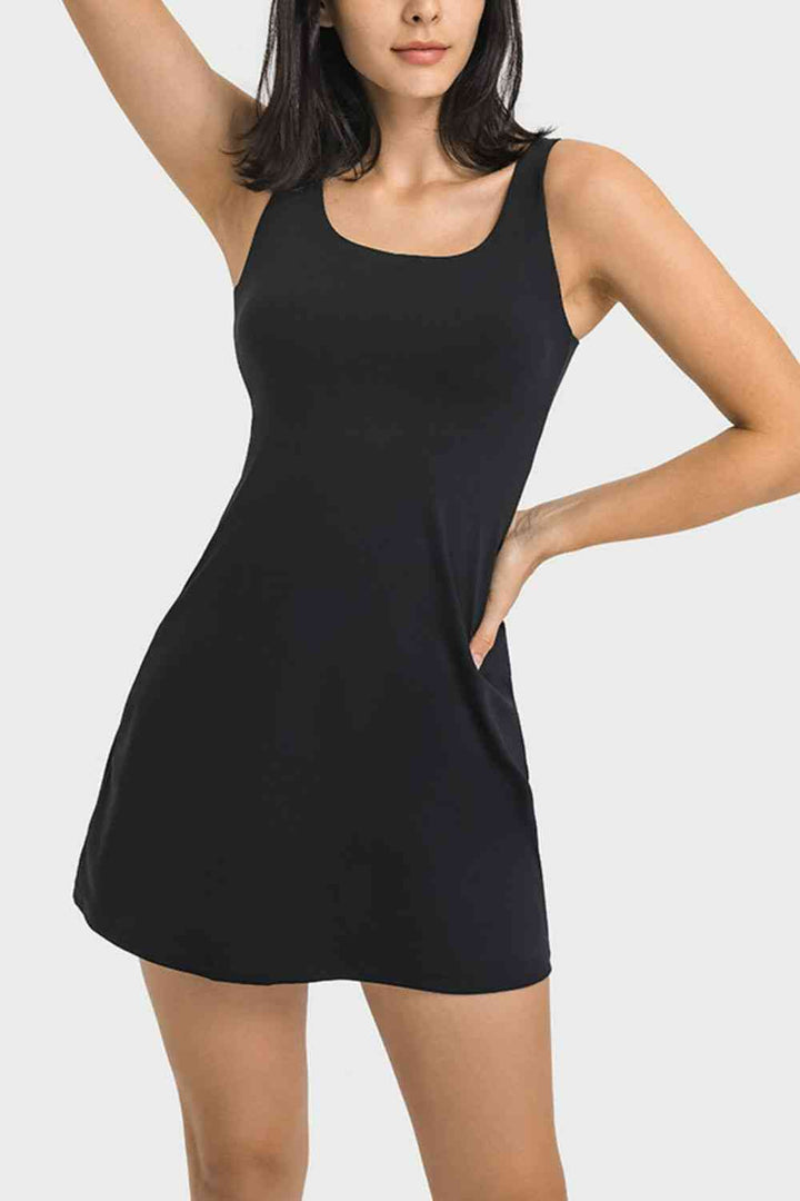 Square Neck Sports Tank Dress with Full Coverage Bottoms |1mrk.com