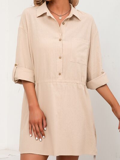 Drawstring Half Button Roll-Tab Sleeve Dress | Trendsi