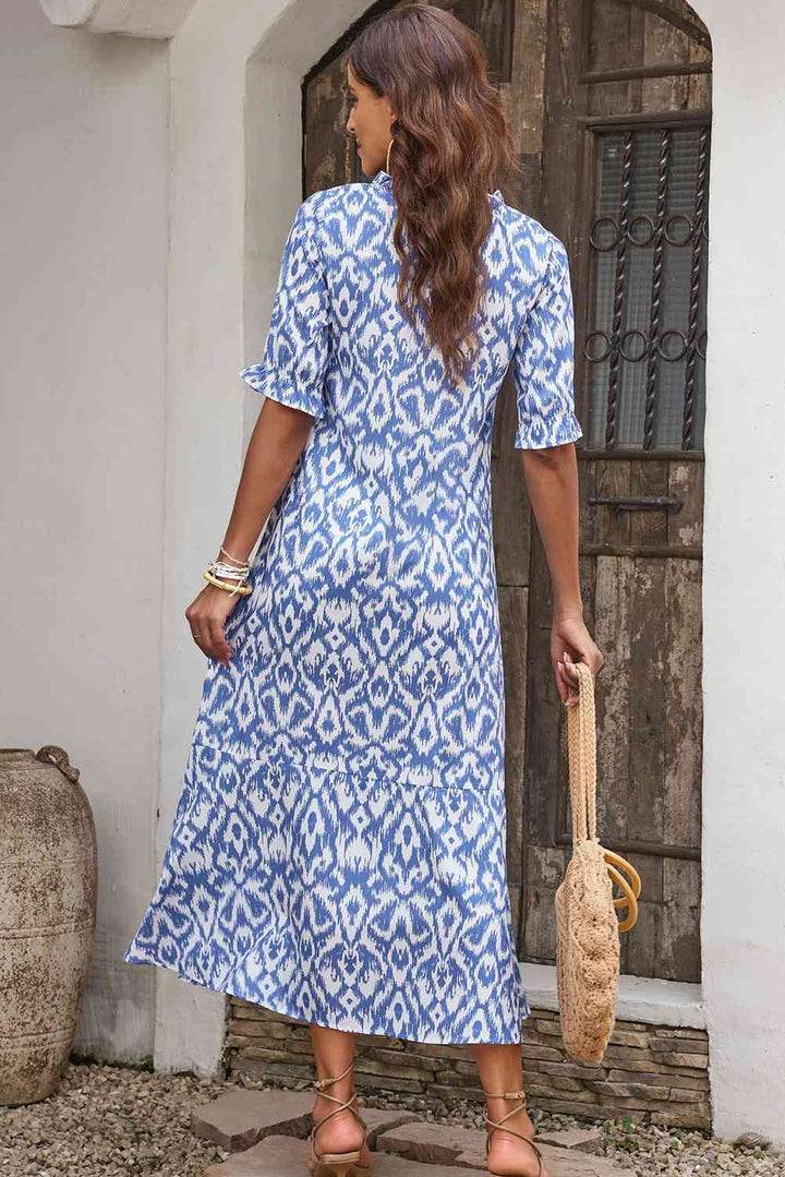 Printed Tassel Tie Flounce Sleeve Dress |1mrk.com