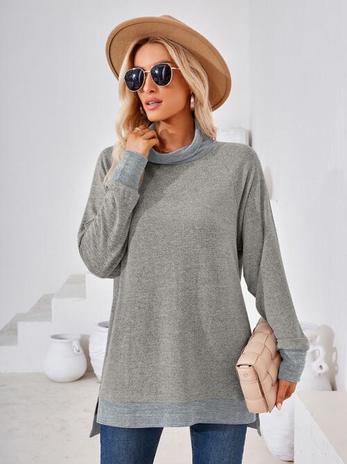 Contrast Mock Neck Long Sleeve T-Shirt | 1mrk.com