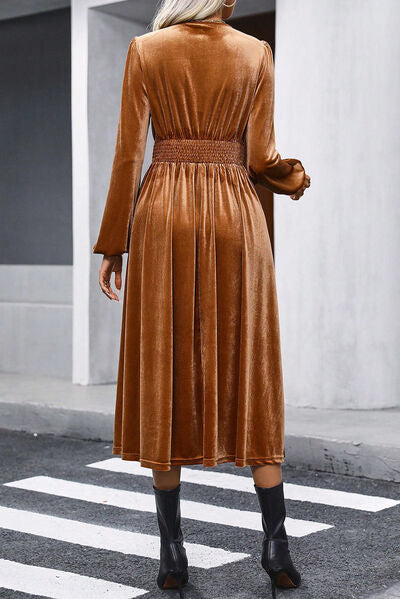 Surplice Balloon Sleeve Smocked Midi Dress | 1mrk.com