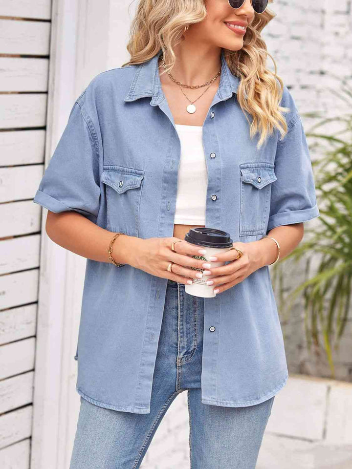 Collared Neck Short Sleeve Denim Jacket | 1mrk.com