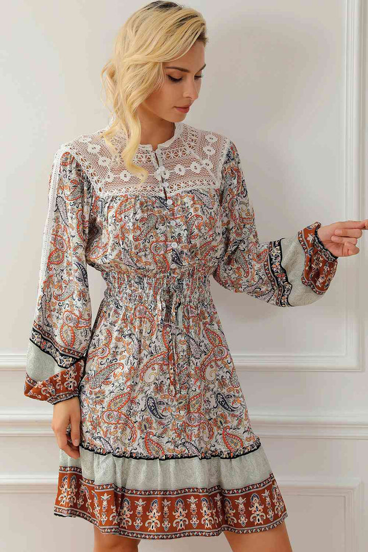 Printed Lace Detail Balloon Sleeve Dress |1mrk.com