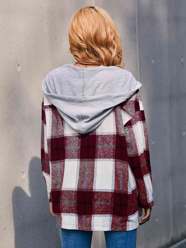 Plaid Dropped Shoulder Hooded Jacket | 1mrk.com