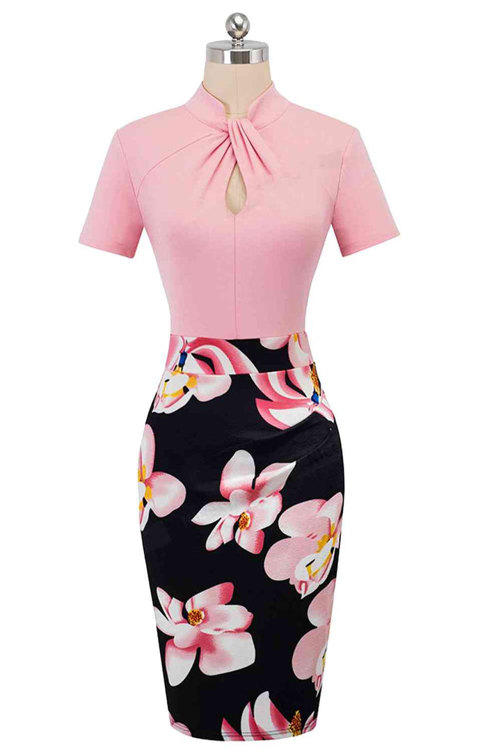 Round Neck Short Sleeve Pencil Dress |1mrk.com