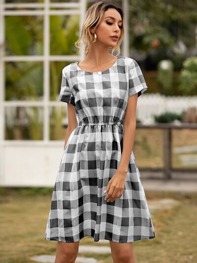 Smocked Plaid Round Neck Short Sleeve Dress | Trendsi