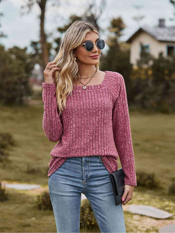 Full Size Ribbed Square Neck Long Sleeve T-Shirt | 1mrk.com