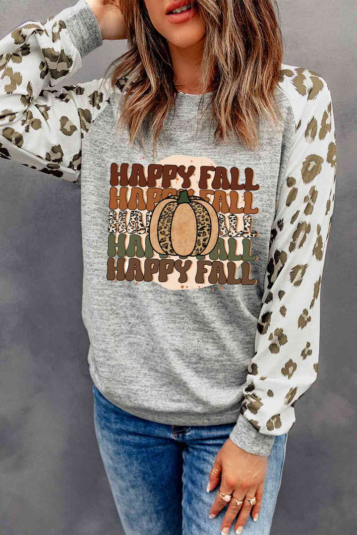 HAPPY FALL Graphic Round Neck Long Sleeve Sweatshirt |1mrk.com