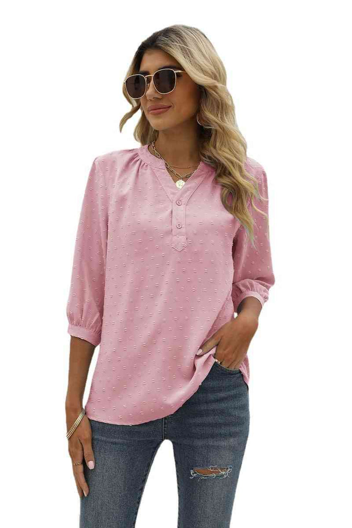 Swiss Dot Notched Neck Three-Quarter Sleeve Blouse | 1mrk.com