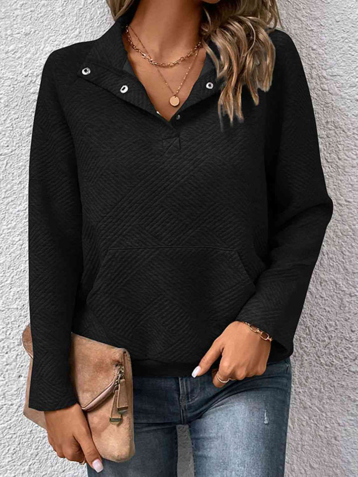 Half Buttoned Collared Neck Sweatshirt with Pocket |1mrk.com