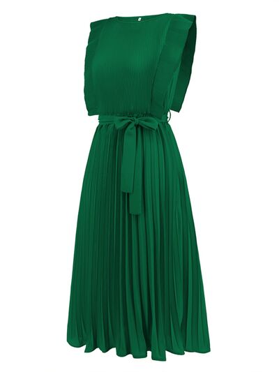 Tied Round Neck Pleated Midi Dress |1mrk.com