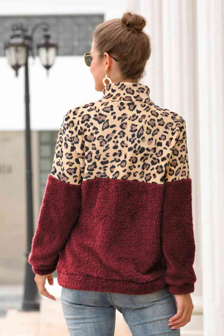 Leopard Zip-Up Turtle Neck Dropped Shoulder Sweatshirt |1mrk.com