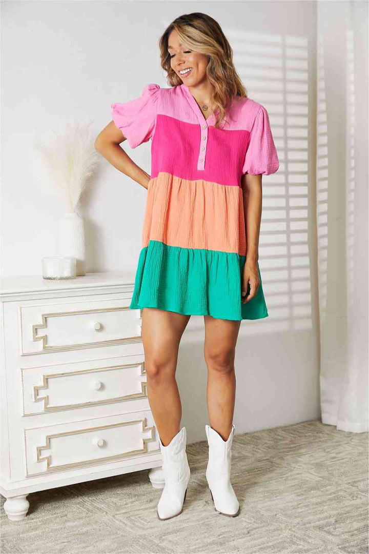 Double Take Color Block Buttoned Puff Sleeve Dress | 1mrk.com