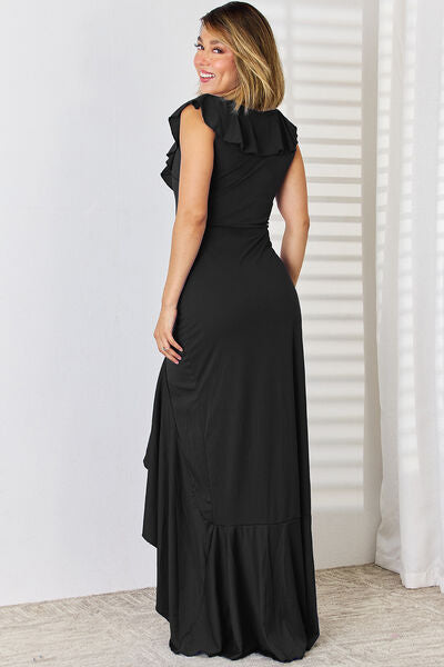 Ruffled V-Neck High-Low Dress |1mrk.com