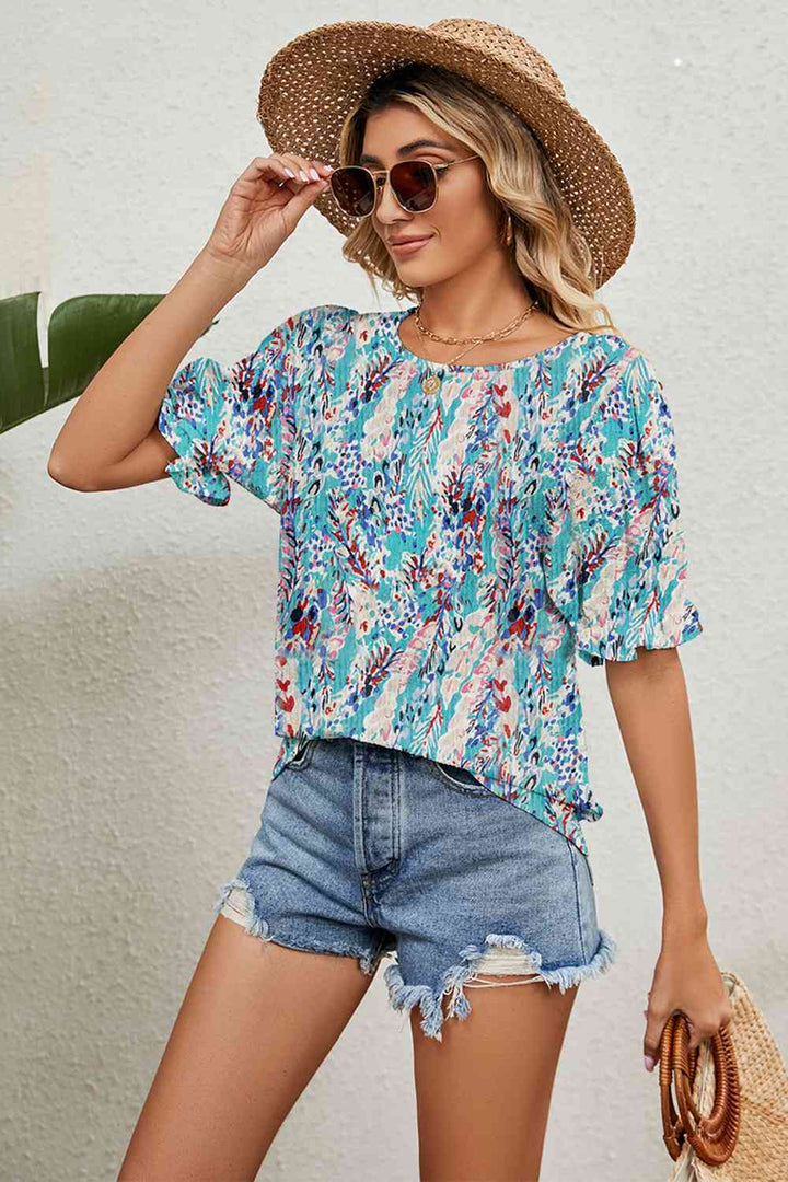 Round Neck Flounce Sleeve Blouse | 1mrk.com